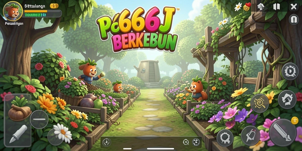 Screenshot utama 666J menampilkan kebun yang indah dan aktif.