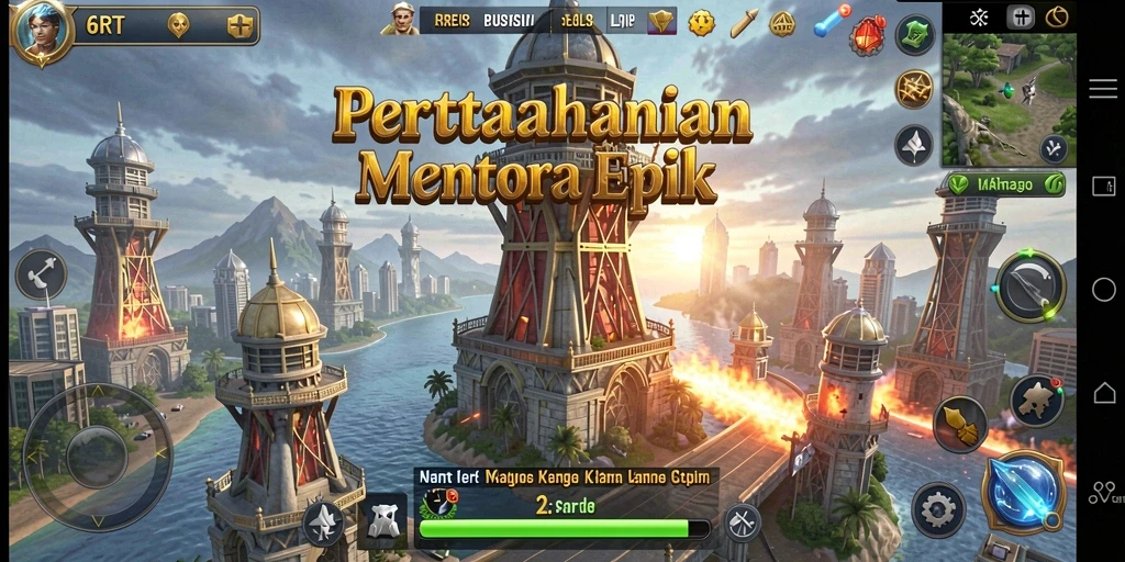 Tampilan grafis 6RT dengan menara dan musuh dalam pertempuran.