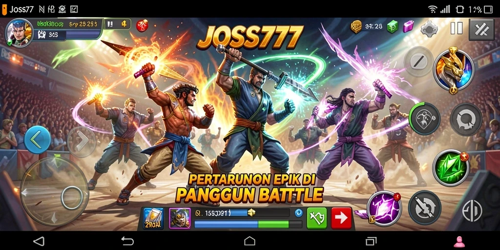 Tampilan gameplay menegangkan dalam JOSS777 di arena pertarungan.