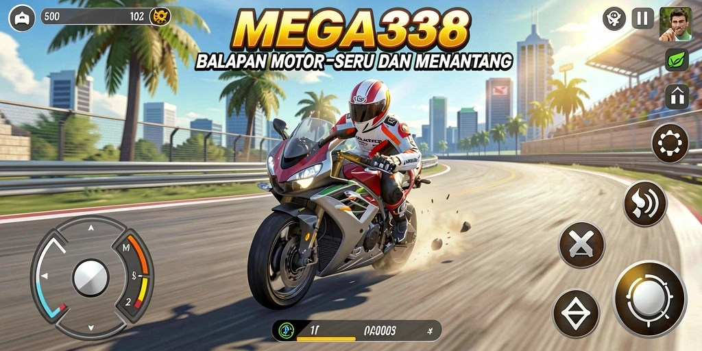 Tampilan gameplay seru dari MEGA338 saat balapan motor.