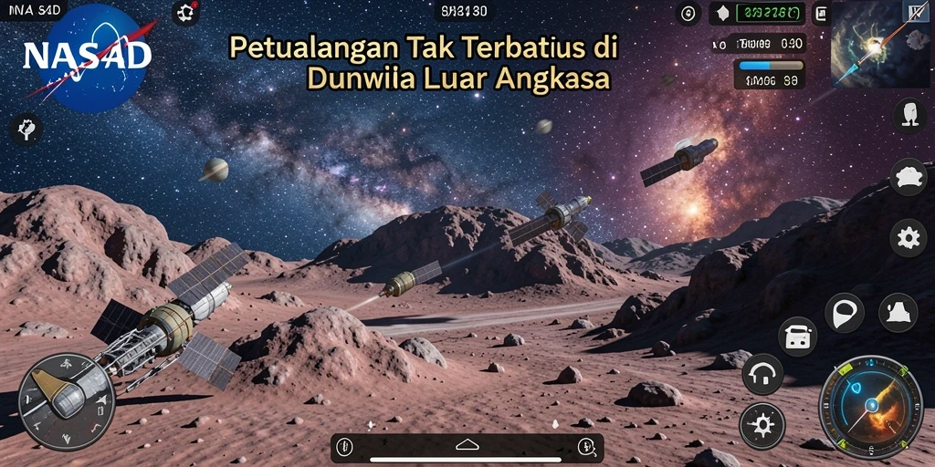 Tangkapan layar dari gameplay eksplorasi luar angkasa di NASA4D.