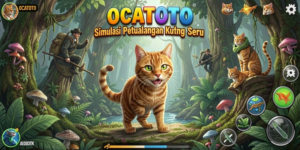 Screenshot utama OCATOTO menampilkan kucing lucu dalam gameplay simulasi yang menyenangkan.