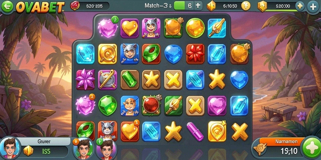 Screenshot utama OVABET menampilkan gameplay seru Match-3.