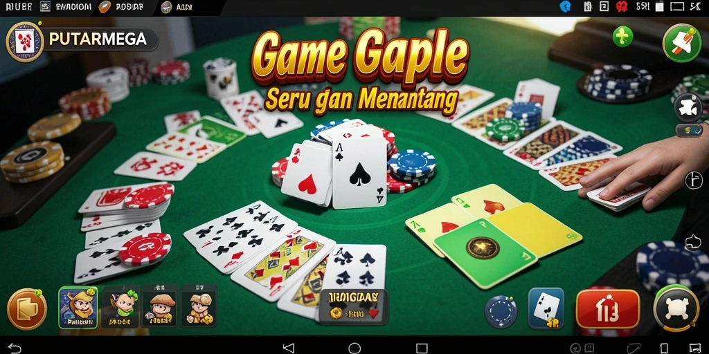 Screenshot utama PUTARMEGA menampilkan gameplay Gaple yang seru dan interaktif.
