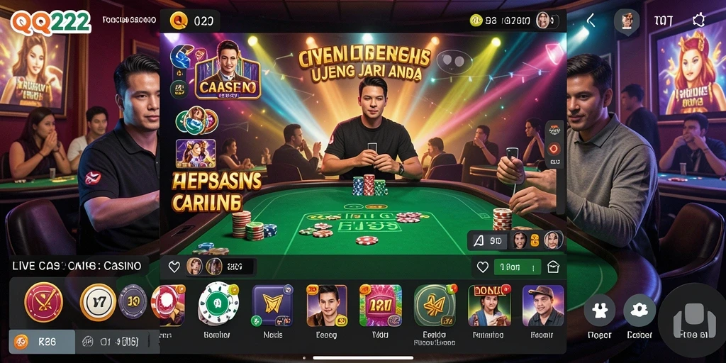 Screenshot gameplay QQ222 menampilkan dealer langsung dan suasana kasino yang mengesankan.
