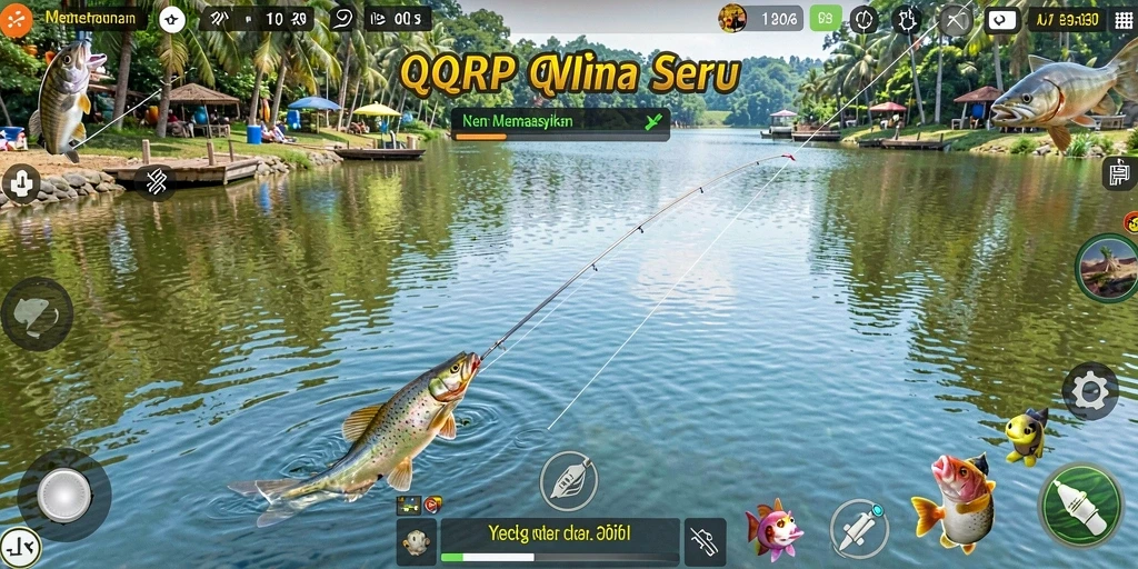 Screenshot main game QQRP menampilkan aksi memancing yang seru.