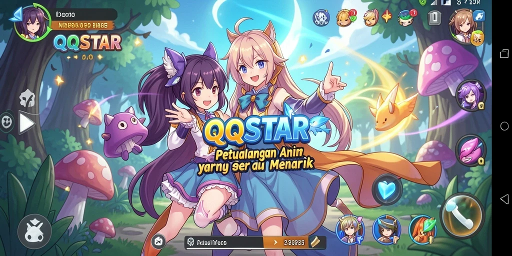 Tangkapan layar utama QQSTAR menampilkan karakter anime yang dinamis dalam pertempuran.