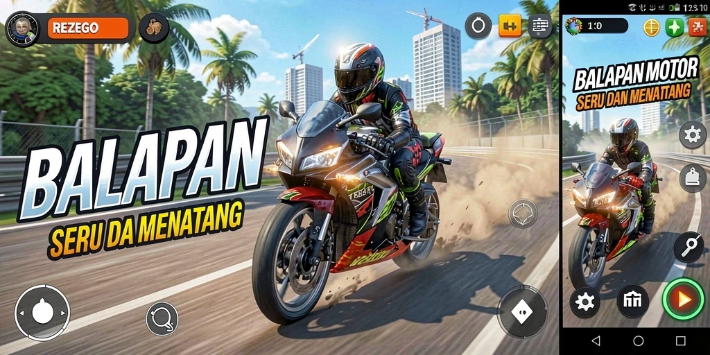 Tampilan gameplay mendebarkan dalam REZEGO saat balapan motor.