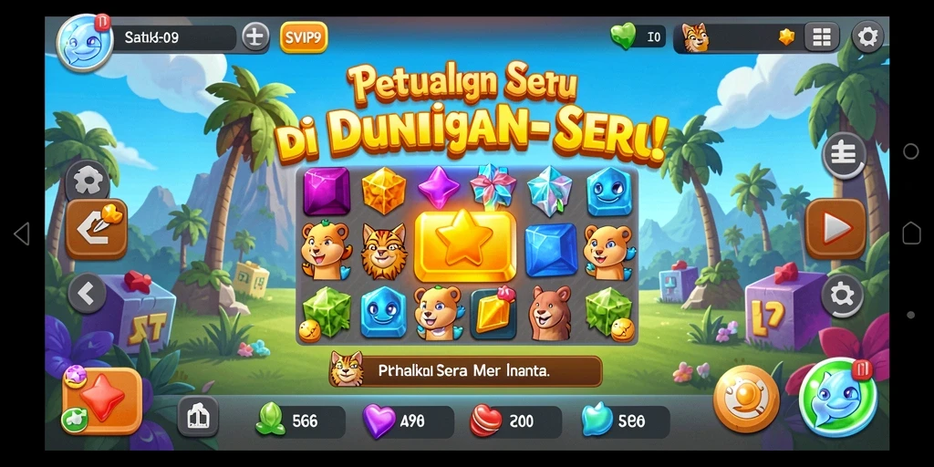 Screenshot gameplay SVIP9 menunjukkan suasana seru dan penuh warna dari game Match-3.