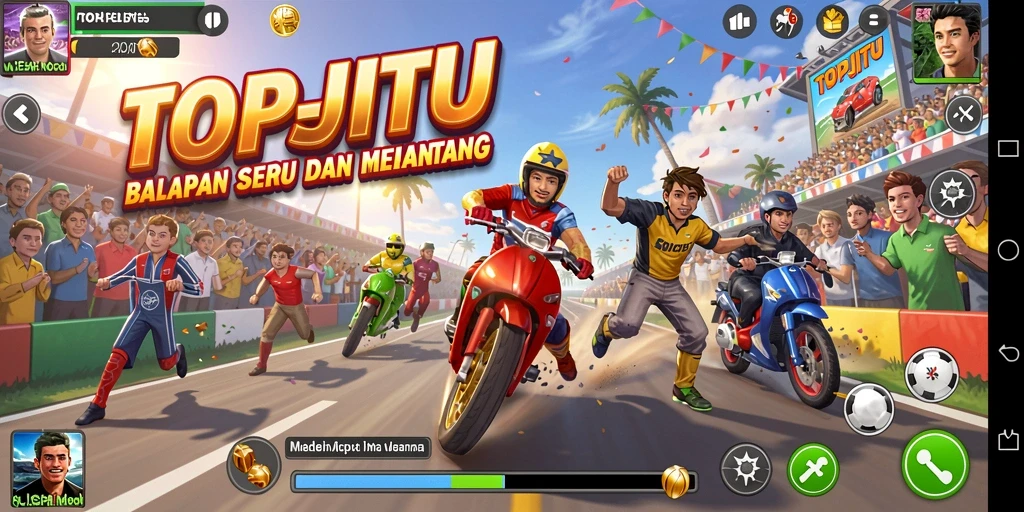Screenshot utama TOPJITU menampilkan aksi balapan yang mendebarkan.