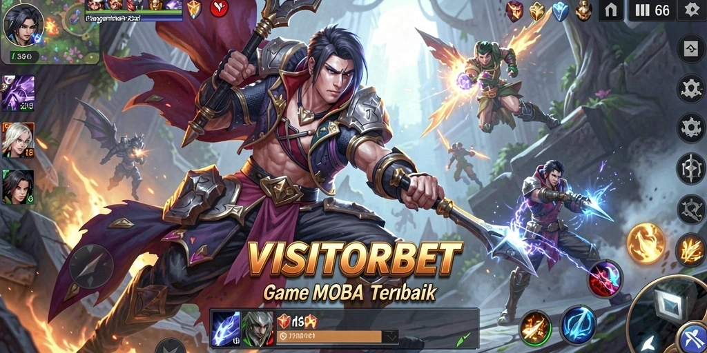 Screenshot utama VISITORBET dengan tampilan pertarungan intens di arena.